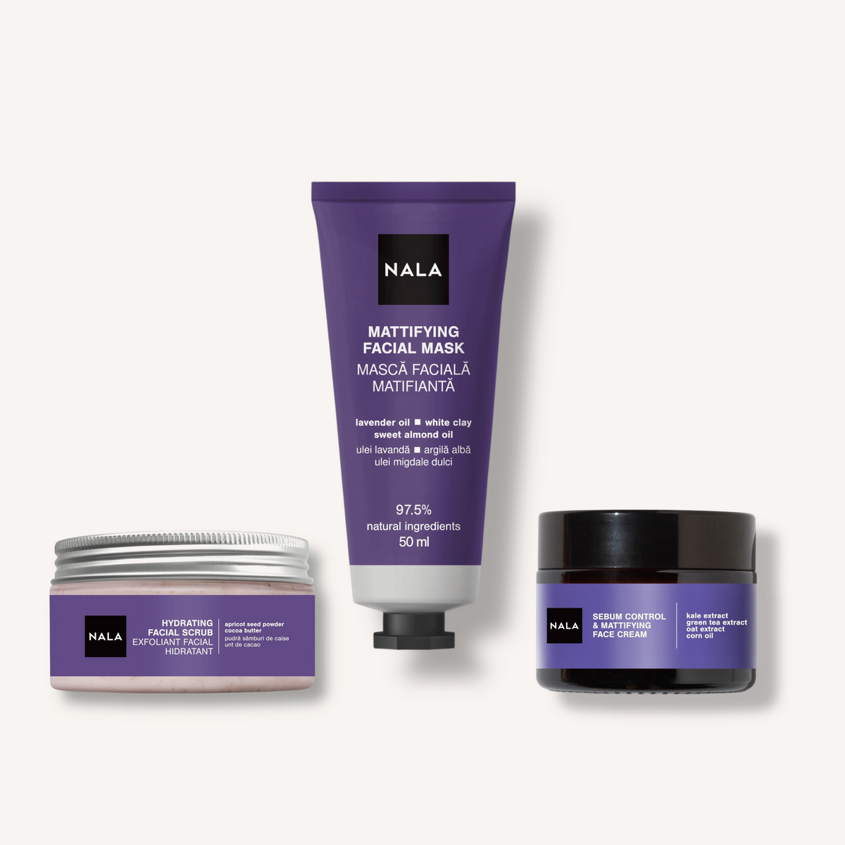 Rutina Zero Luciu - Exfoliant Facial Hidratant, Mască Facială Matifiantă, Cremă Control Sebum & Matifiantă