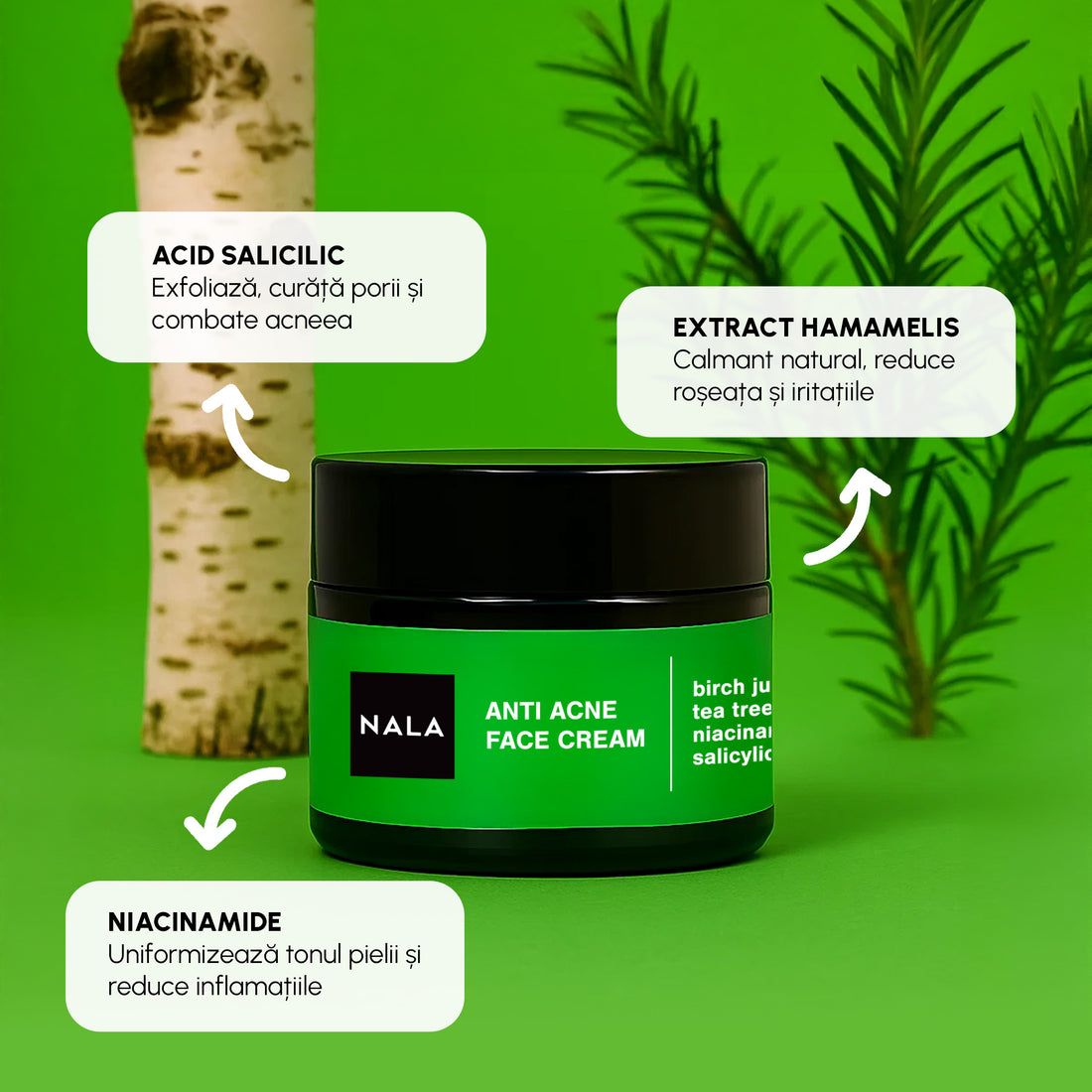 Cremă de față Anti Acneică - Niacinamide, Acid Salicilic, Suc de Mesteacăn și Ulei Arbore de Ceai