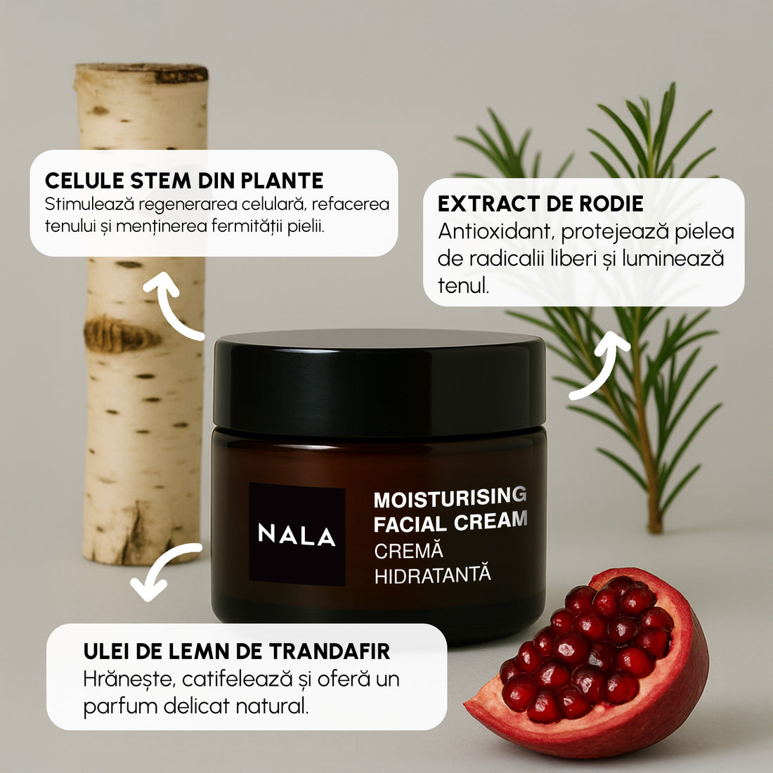 Cremă de față hidratantă - Celule Stem, Rodie și Ulei de Lemn de Trandafir