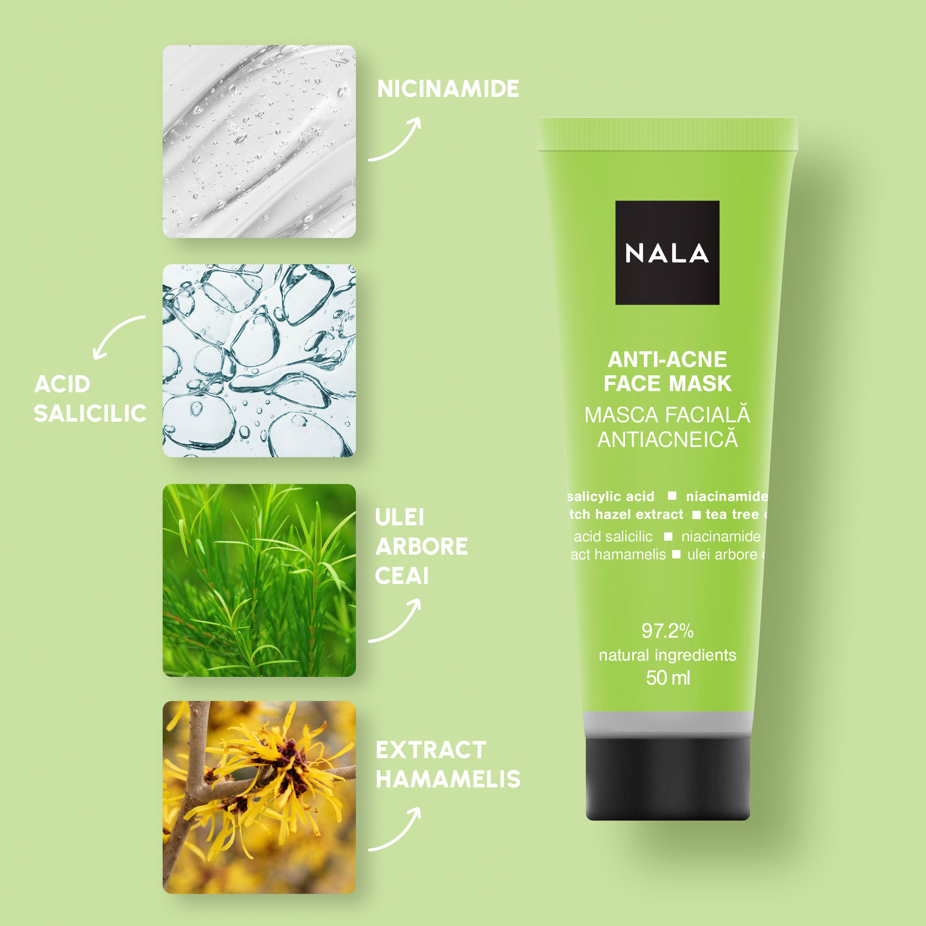 Mască Facială Antiacneică - Acid Salicilic, Niacinamide, Extract Hamamelis, Ulei Arbore Ceai