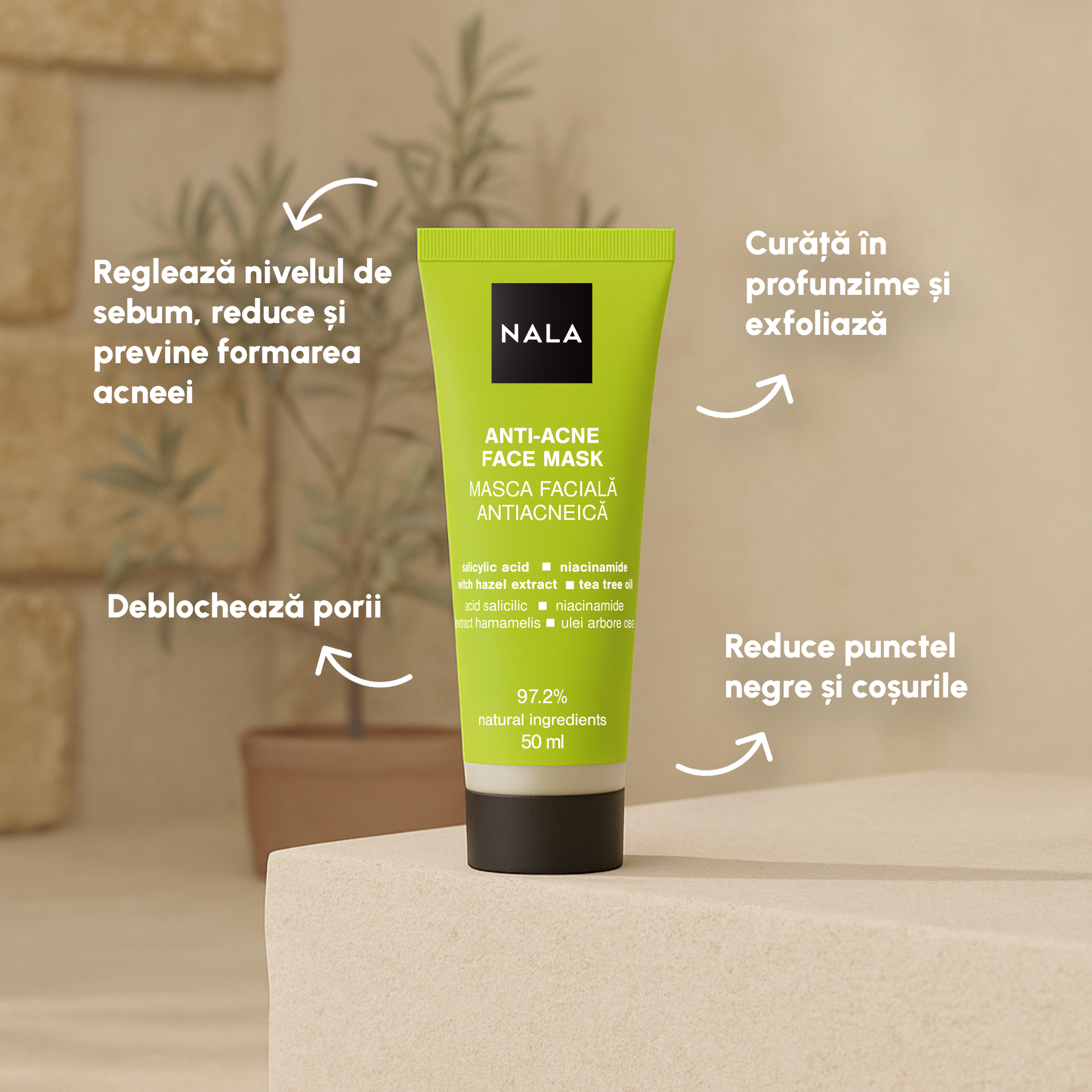 Mască Facială Antiacneică - Acid Salicilic, Niacinamide, Extract Hamamelis, Ulei Arbore Ceai