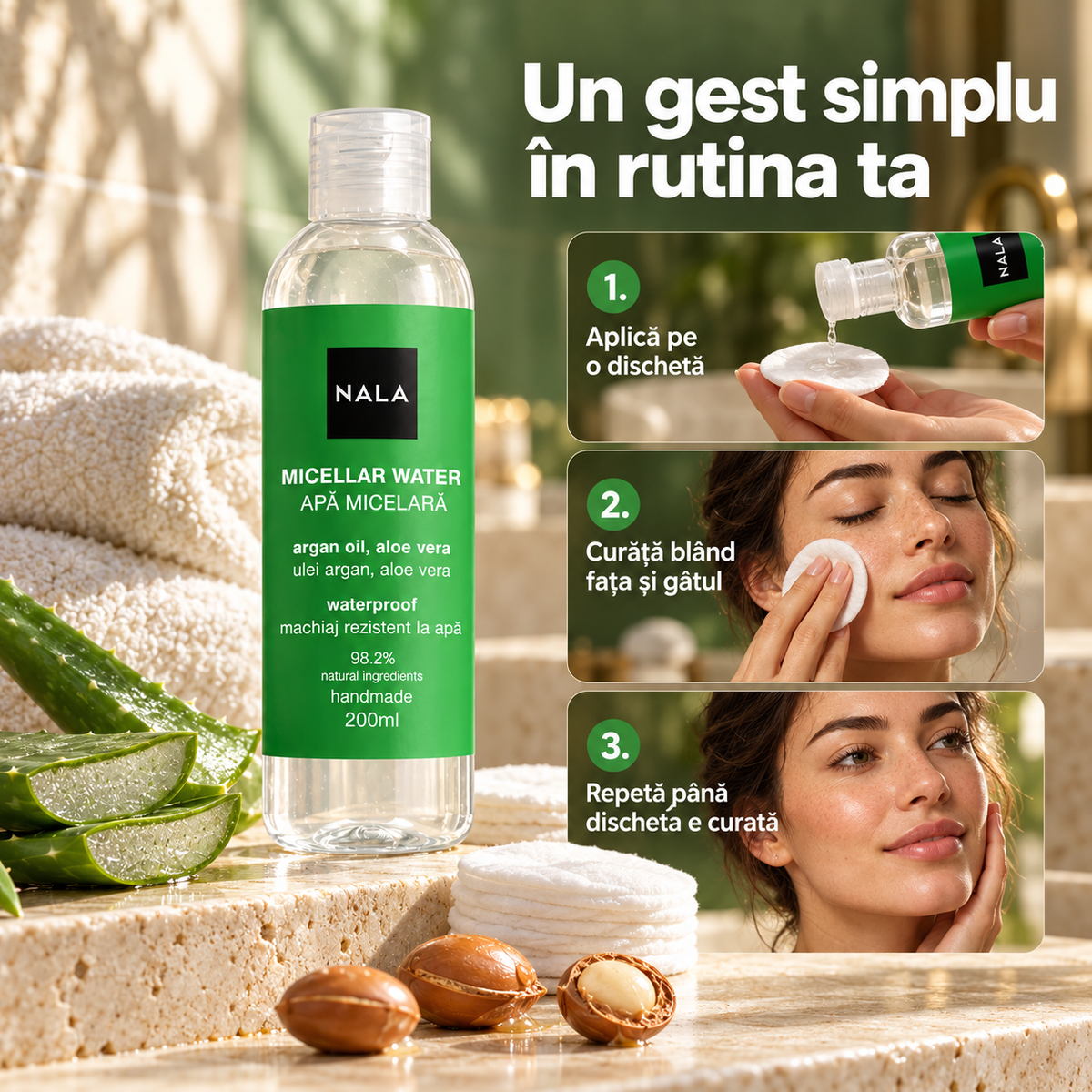 Apă Micelară machiaj rezistent la apă - Ulei de argan & Aloe Vera