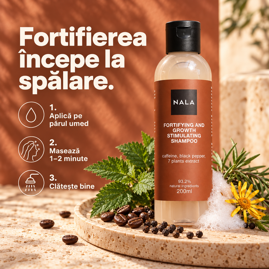 Șampon Stimulare și Fortifiere - Cafeină, Piper negru, Extract 7 plante