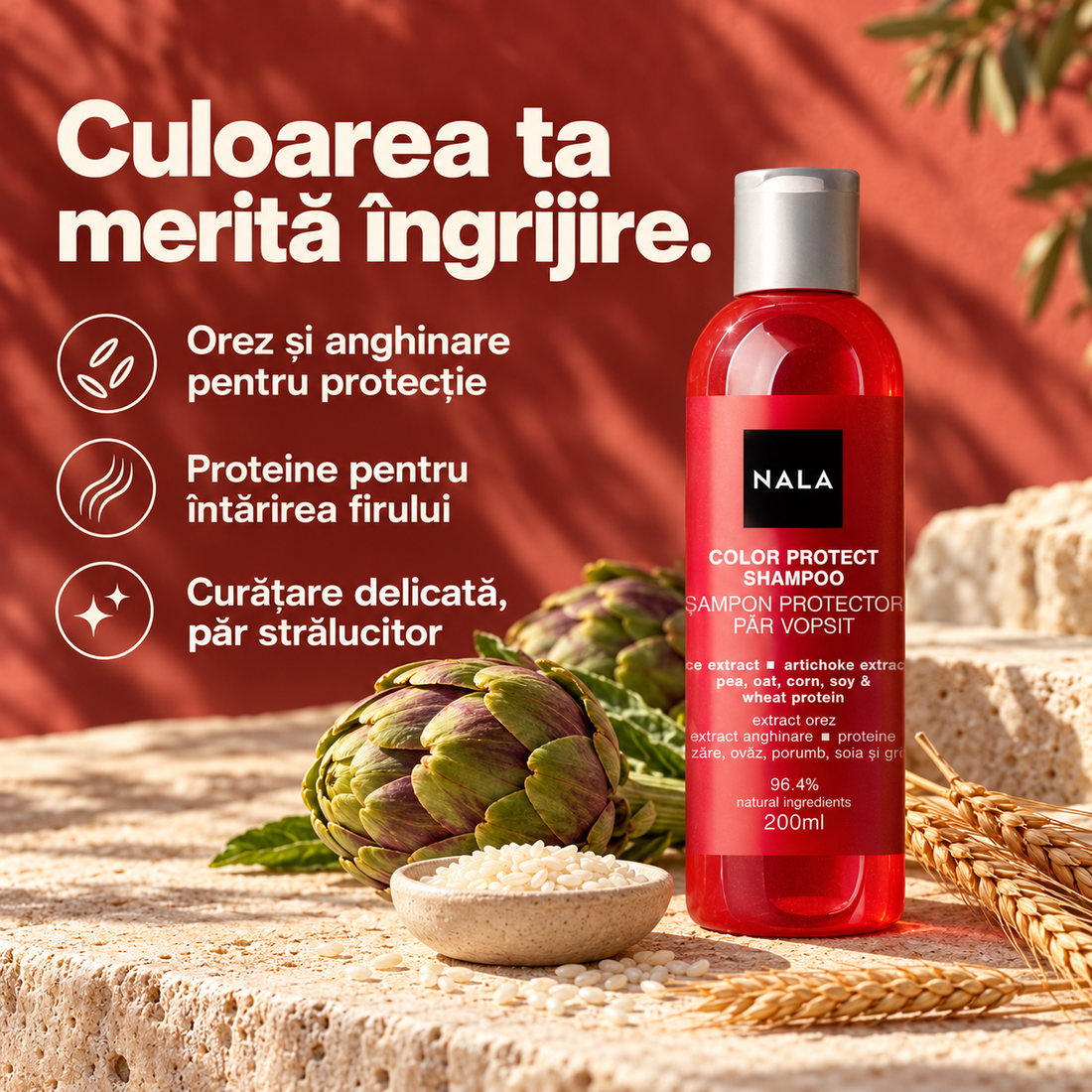 Șampon protector Păr Vopsit - Extract Orez, Anghinare, Proteine Mazăre, Ovăz, Porumb, Soia și Grâu