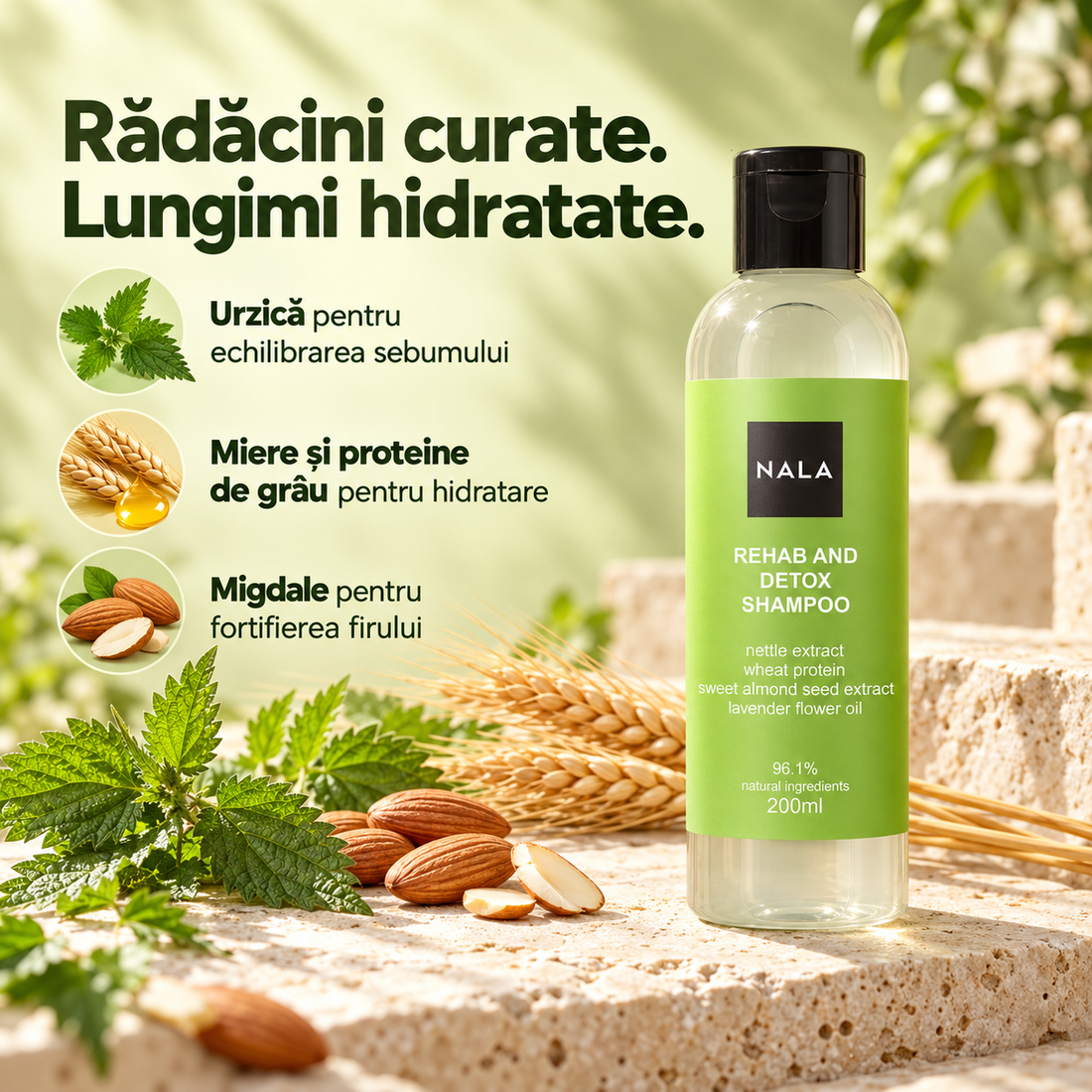 Șampon Revigorare și Detoxifiere - Extract Urzică, Migdale, Grâu