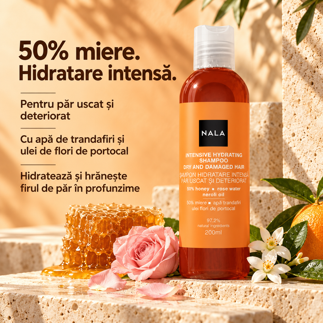 Șampon Hidratare Intensă - 50% Miere, Trandafiri, Flori Portocal