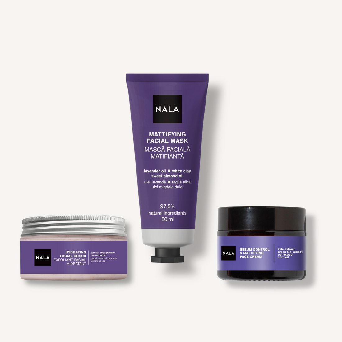 Rutina Zero Luciu - Exfoliant Facial Hidratant, Mască Facială Matifiantă, Cremă Control Sebum &amp; Matifiantă