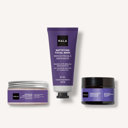 Rutina Zero Luciu - Exfoliant Facial Hidratant, Mască Facială Matifiantă, Cremă Control Sebum &amp; Matifiantă