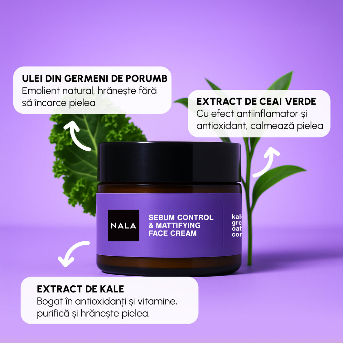 Cremă de față Control Sebum &amp; Matifiantă - Ten Gras - Extract Kale, Ceai Verde, Ovăz și Ulei Porumb