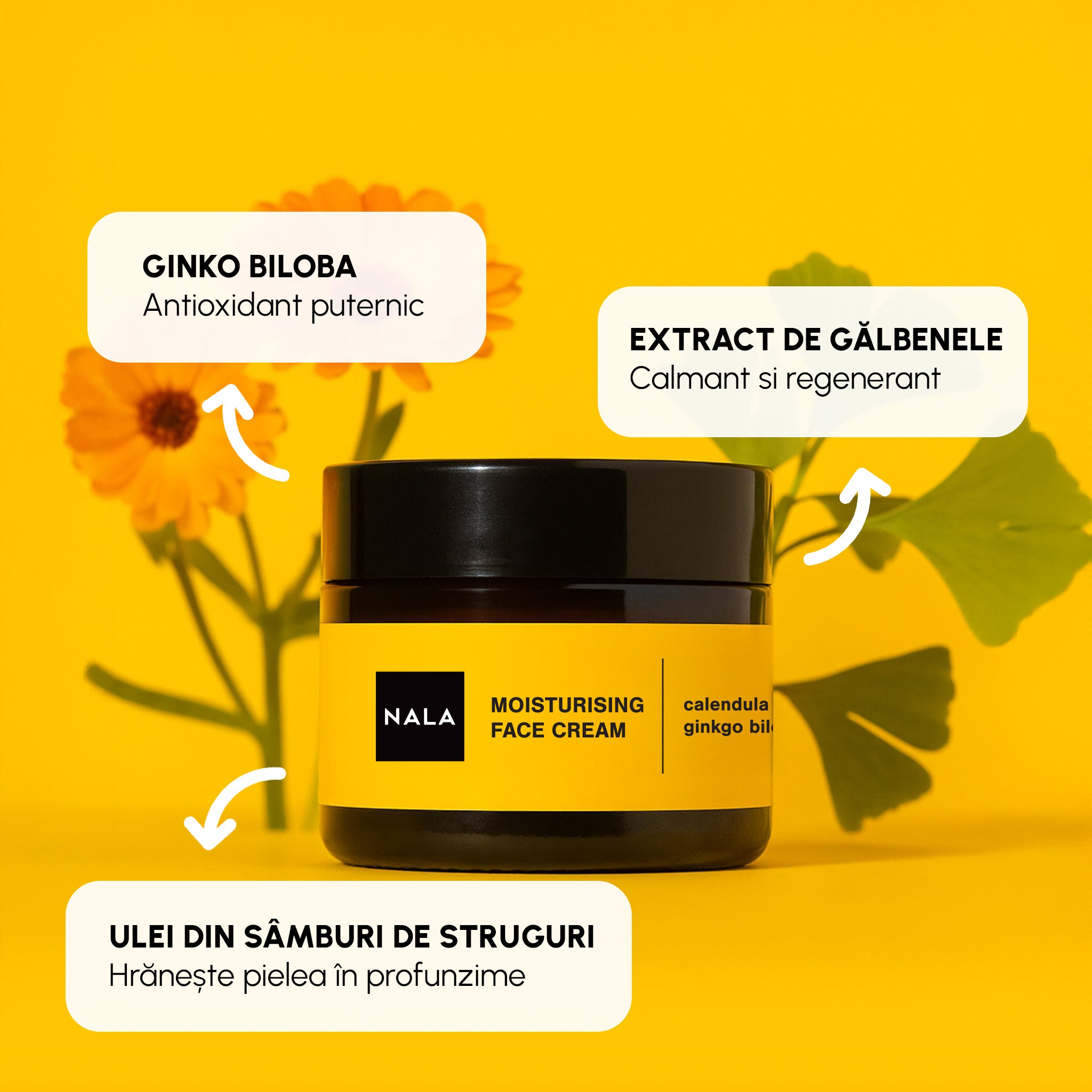 Cremă de față Hidratantă - Ten Normal - Extract Gălbenele, Ginkgo Biloba si Ulei Sâmburi de Struguri