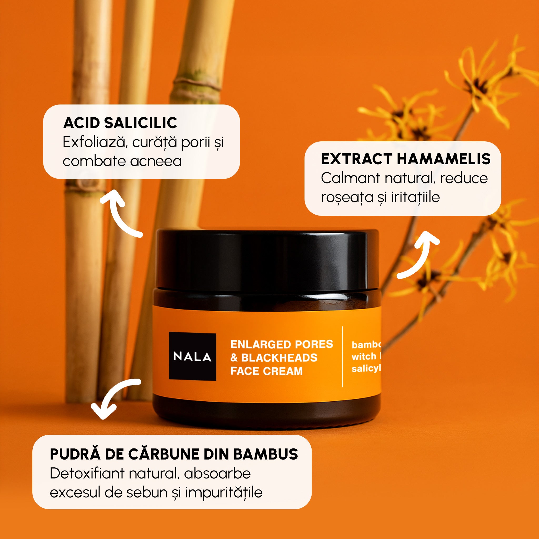 Cremă de față Pori Dilatați &amp; Puncte Negre - Ten Mixt - Cărbune, Bambus, Acid Salicilic și Extract Hamamelis