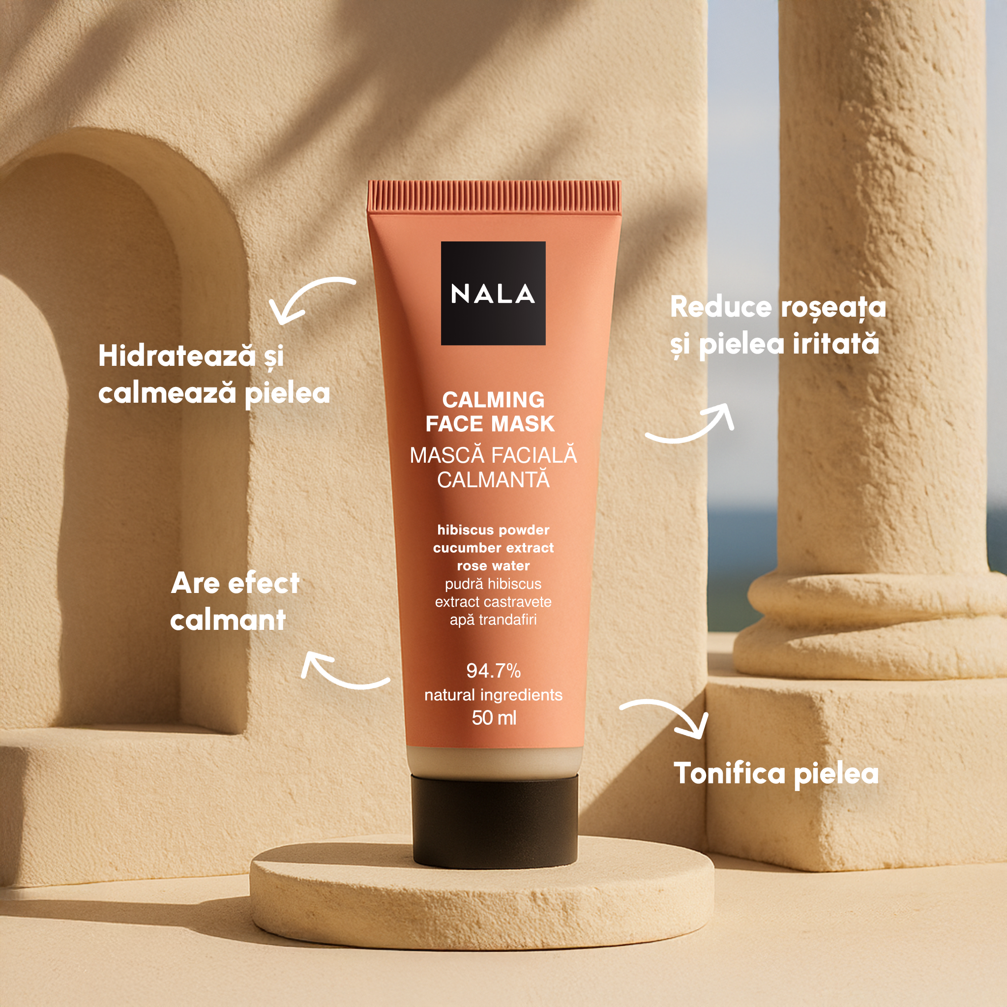 Mască Facială Calmantă - Pudră Hibiscus, Extract Castravete, Apă Trandafiri