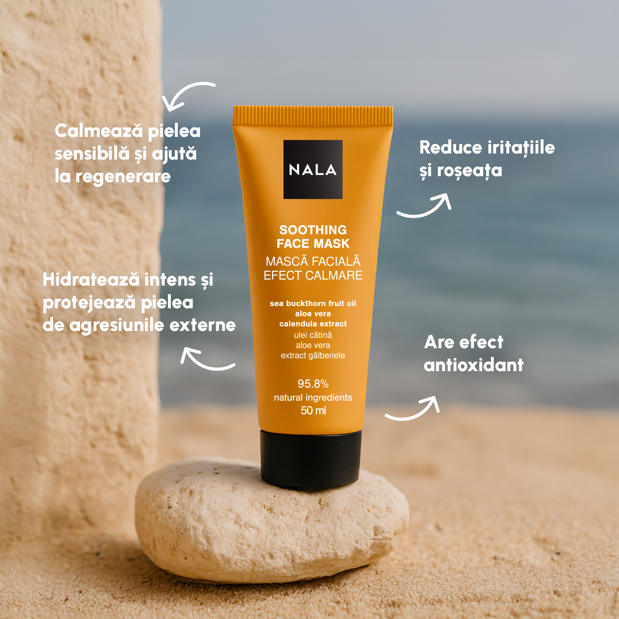 Mască Facială Efect Calmare - Ulei Cătină, Aloe Vera, Extract Gălbenele