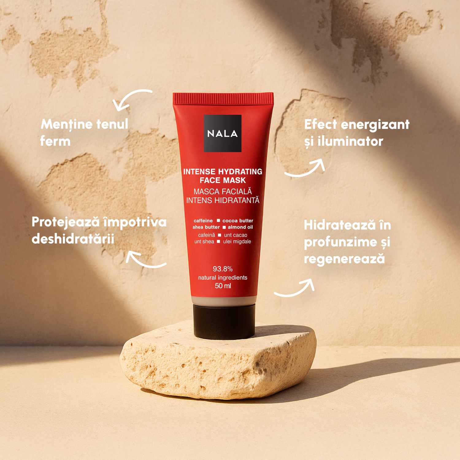 Mască Facială Intens Hidratantă - Cafeină, Unt Cacao, Unt Shea, Ulei migdale