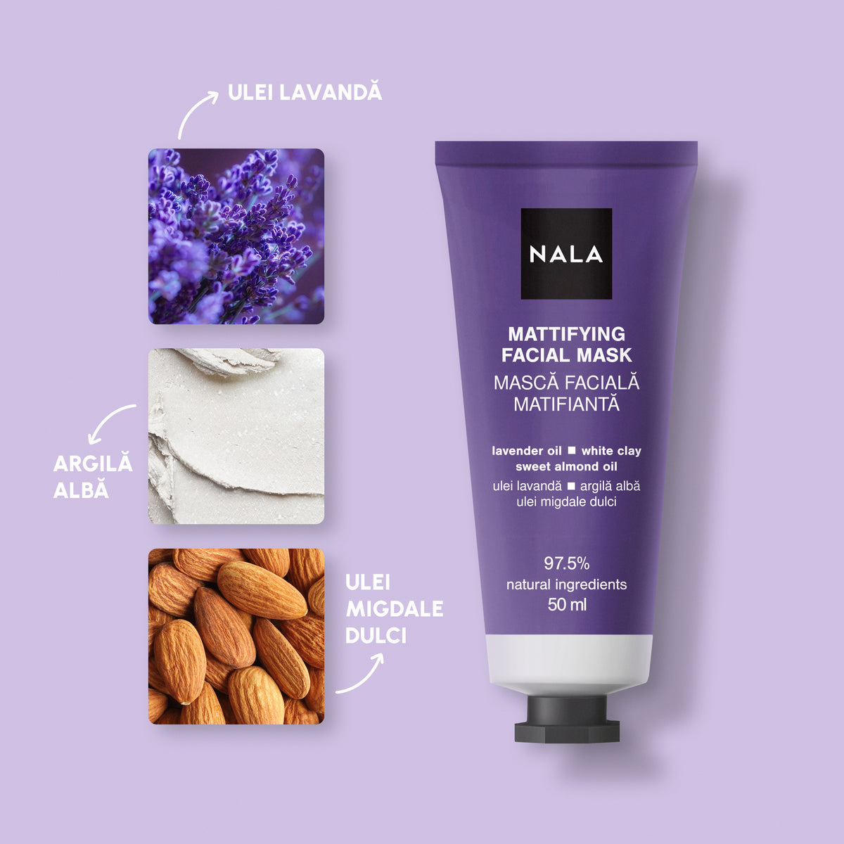 Mască Facială Matifiantă - Ulei Lavandă, Argilă Albă, Ulei Migdale Dulci
