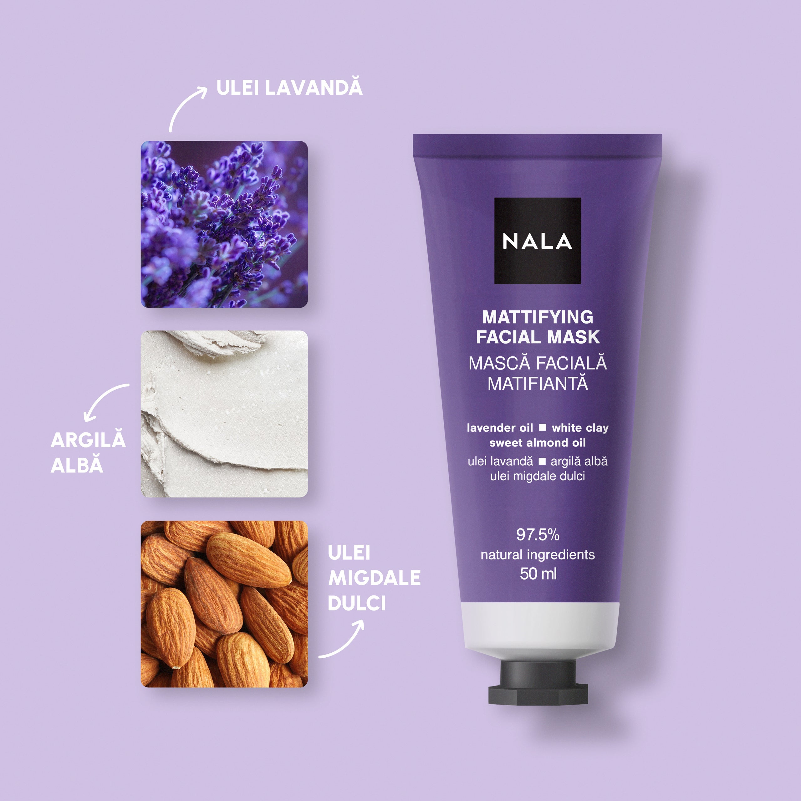 Mască Facială Matifiantă - Ulei Lavandă, Argilă Albă, Ulei Migdale Dulci
