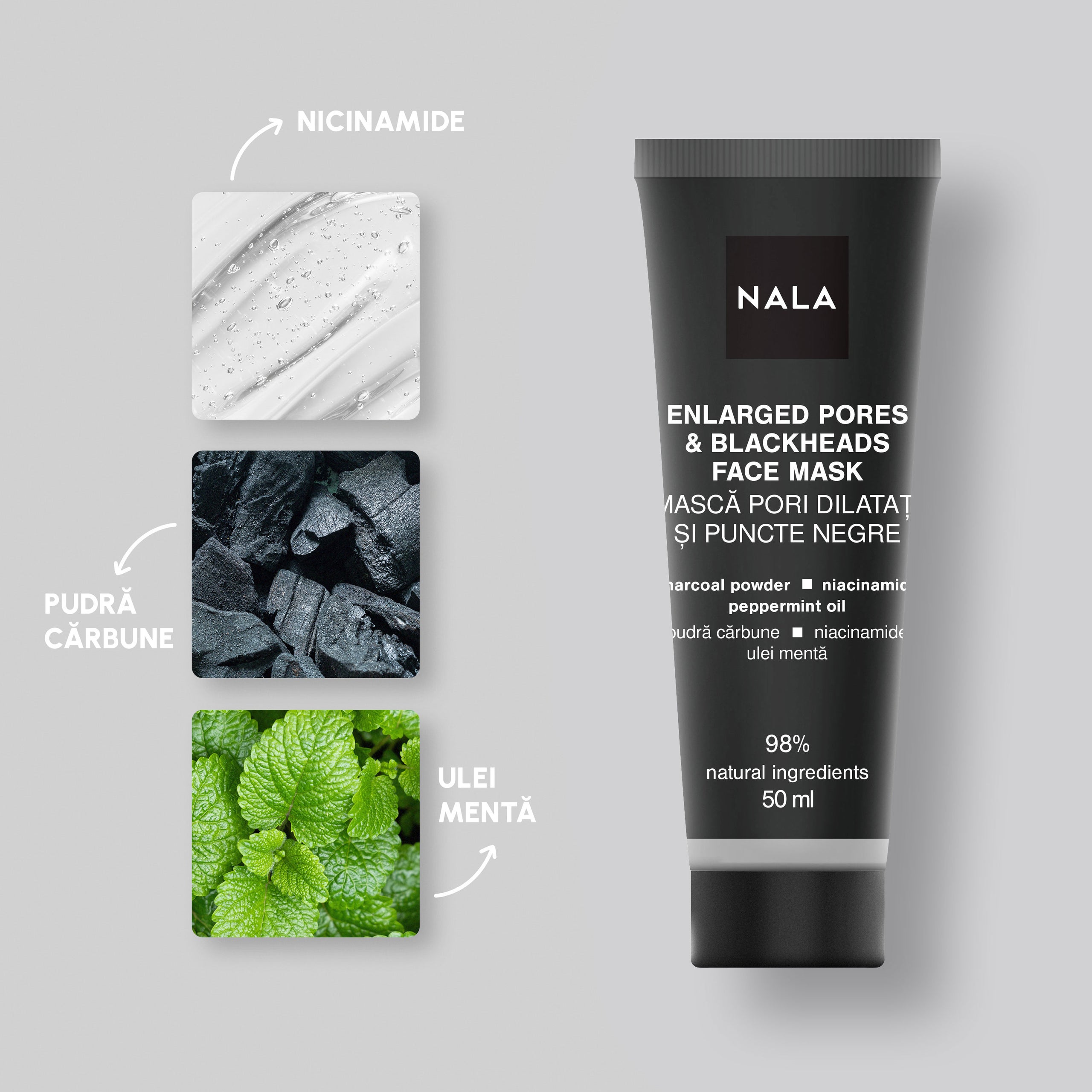 Mască Facială Pori Dilatați și Puncte Negre - Pudră Cărbune, Niacinamide, Ulei Mentă